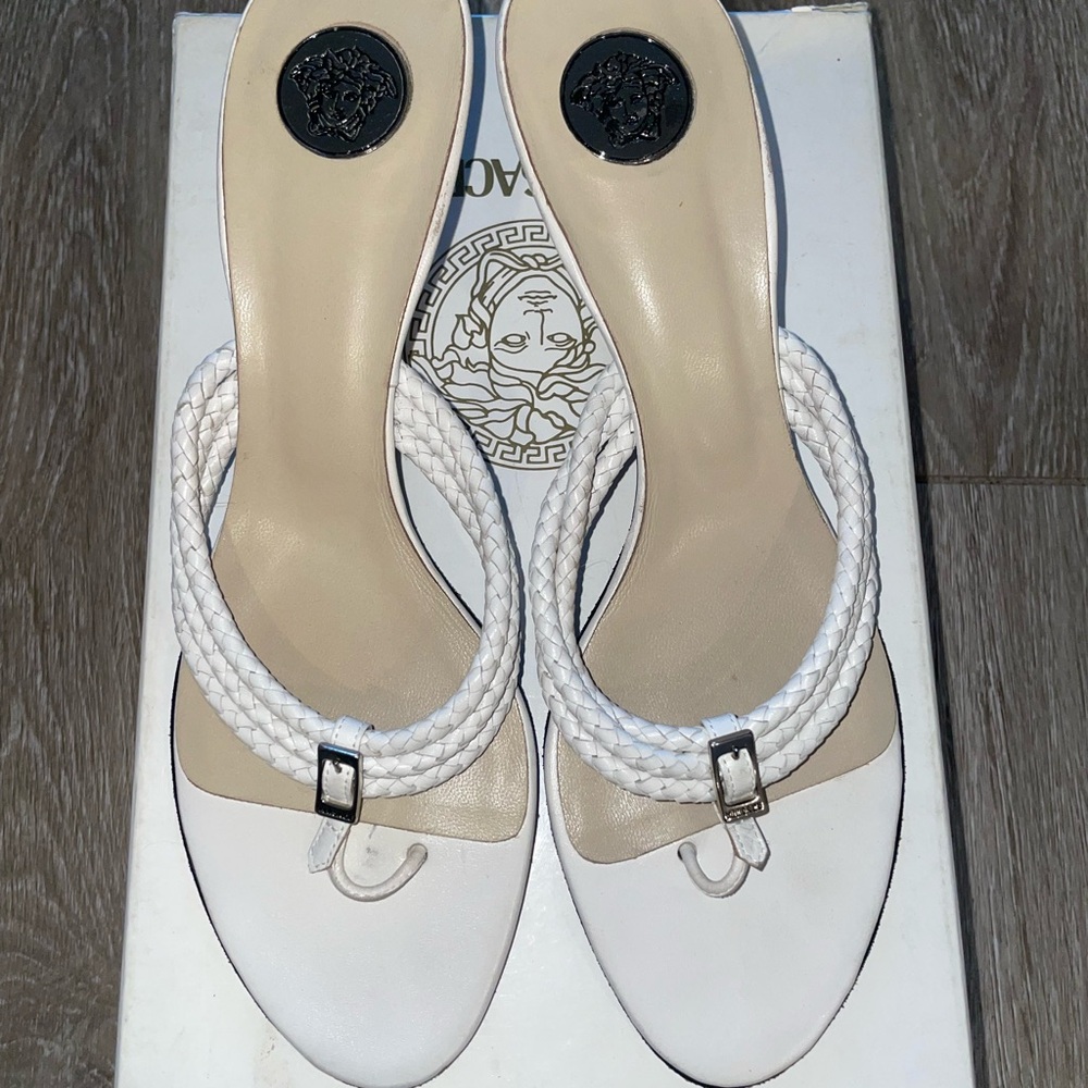 Versace White Braided Strap Kitten Heels